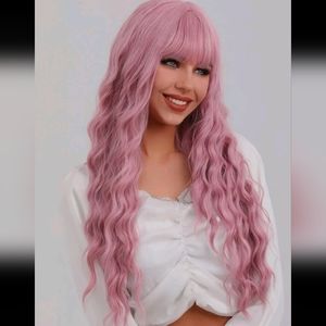 Long curly pink wig.